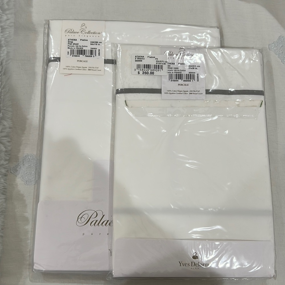 Yves Delorme Flat sheet 2 Shams Athena  platine 500 Thread Count Organic, France